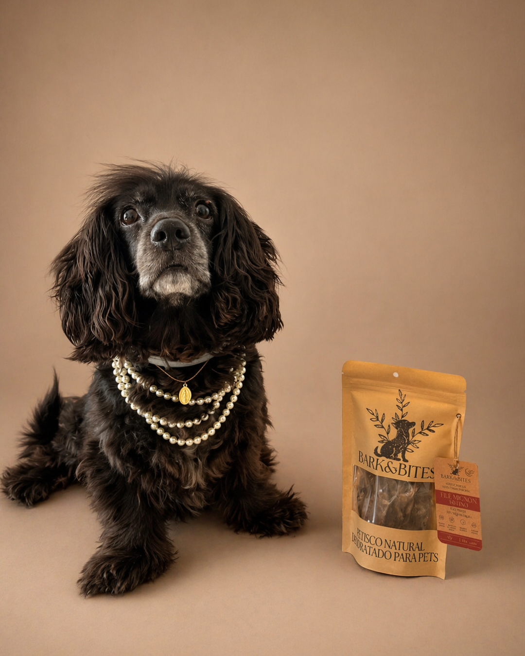Cachorro Bark&Bites com colar de pérolas ao lado do petisco natural