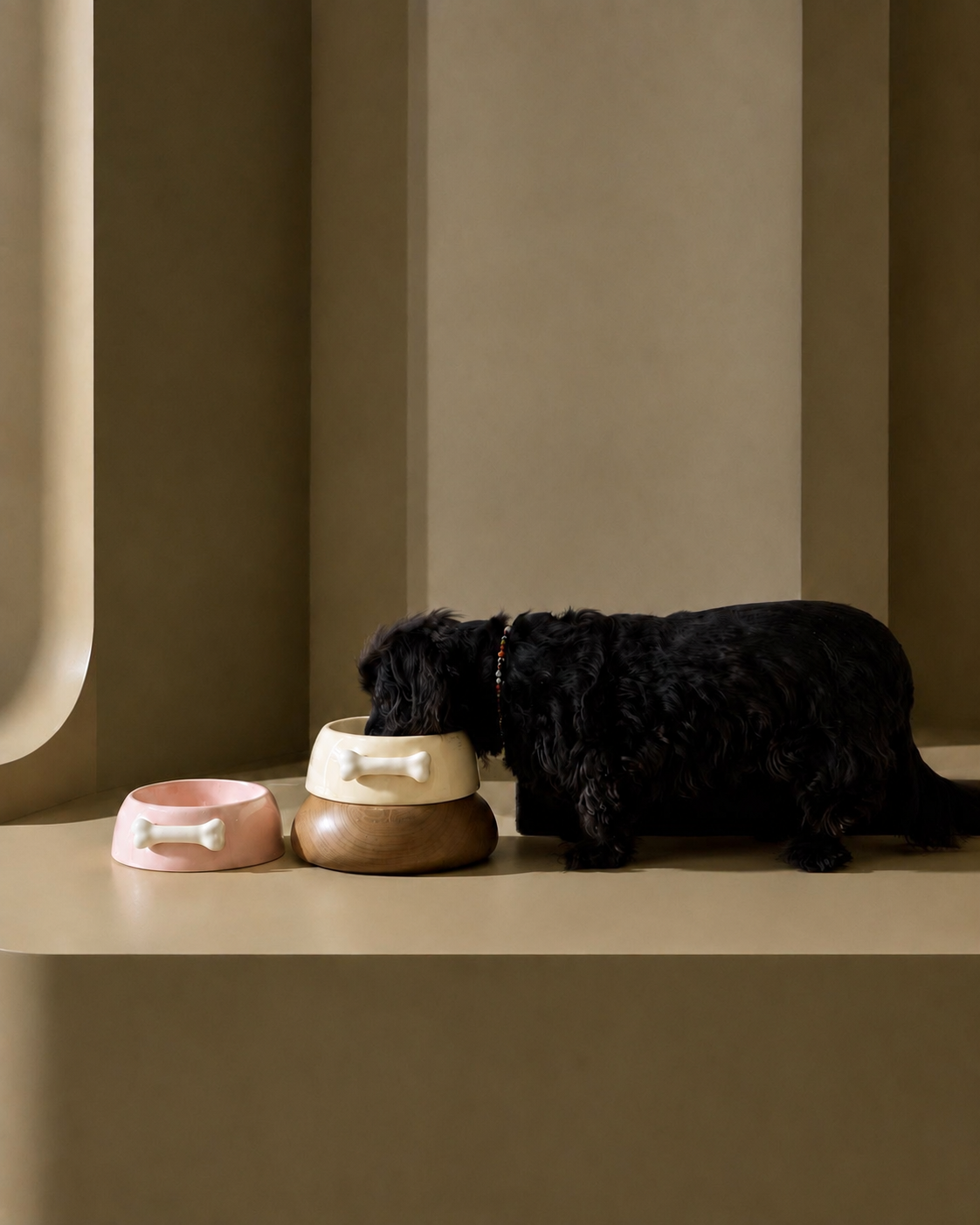 Cachorro preto comendo em comedouro de cerâmica off white ao lado de comedouro rosa bebê