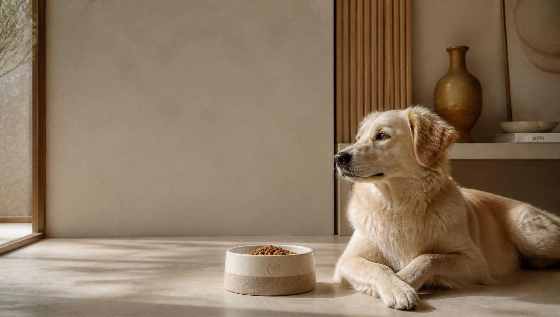 Comedouro de cerâmica artesanal ao lado de um cachorro em ambiente minimalista