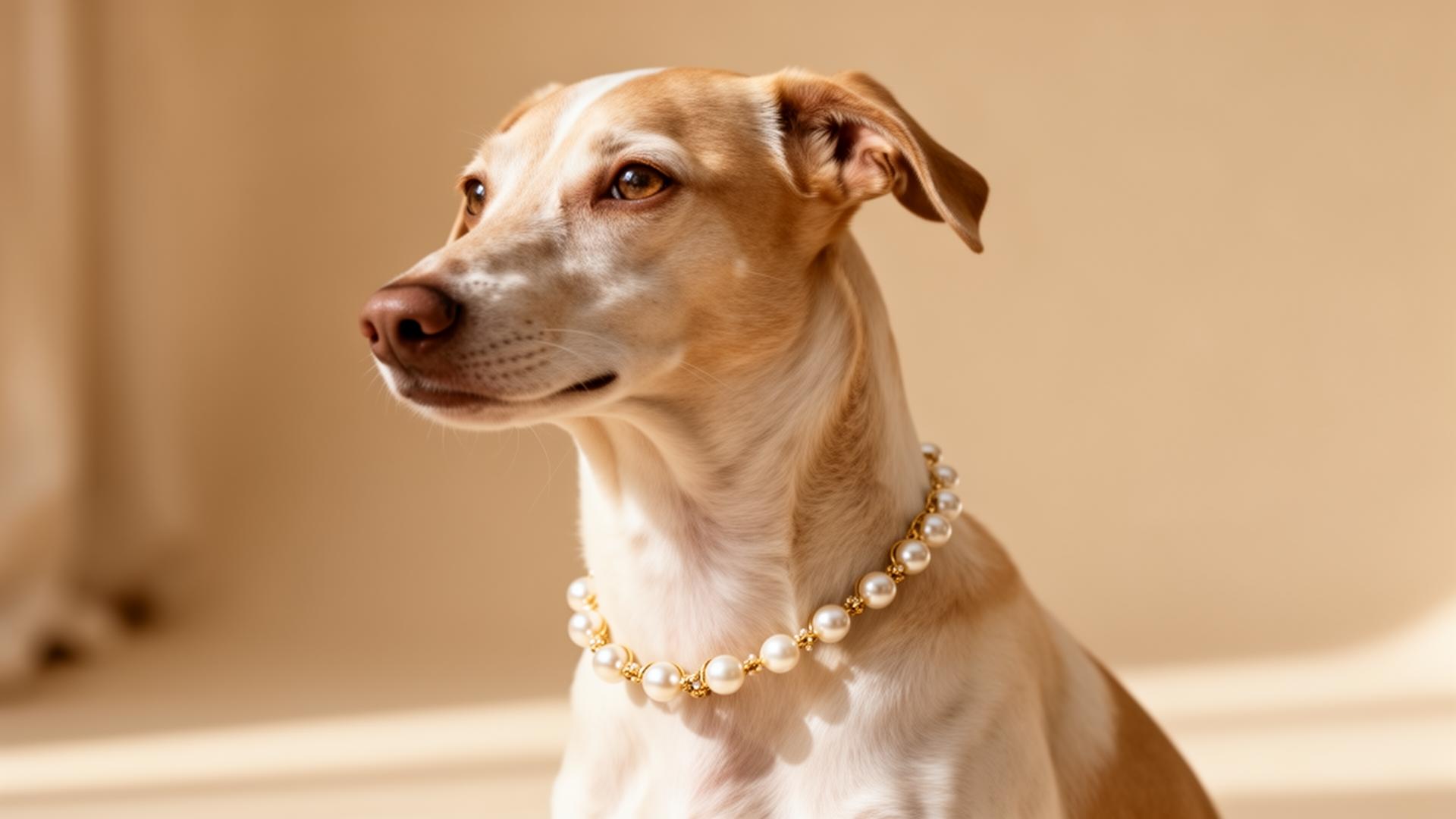 Cachorro elegante usando colar de pérolas dourado