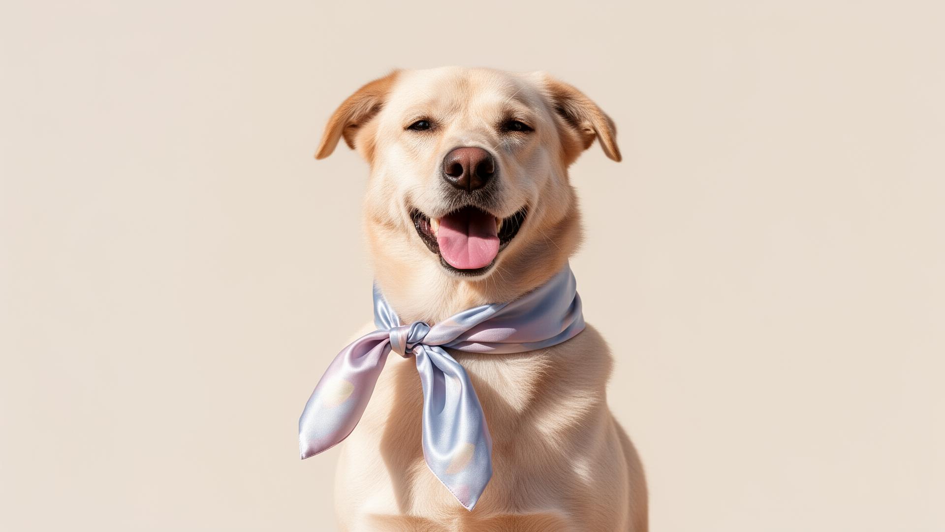 Cachorro feliz com lenço de seda no pescoço