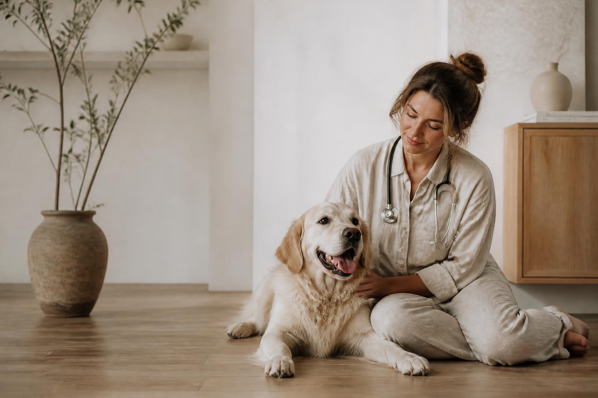 Isadora Maffei, médica veterinária e fundadora da Bark&Bites, sentada ao lado de um cachorro